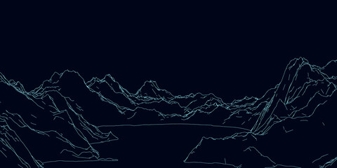 The contour of the rocky mountains from blue lines isolated on a dark background. Vector illustration.