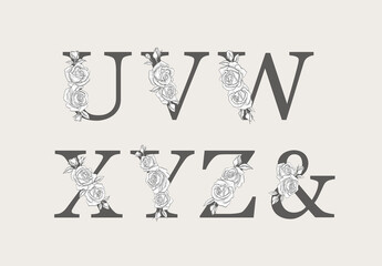 Floral botanical alphabet. Letter with sketch plant and rose flower. Part 3