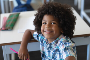 Portrait of smiling african american elementary schoolboy with afro hairstyle sitting at desk