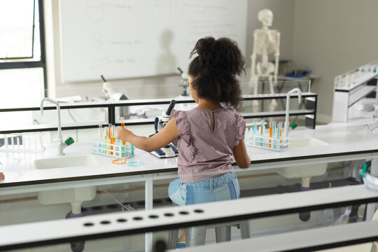 Rear view of biracial elementary schoolgirl holding test while performing practical in laboratory