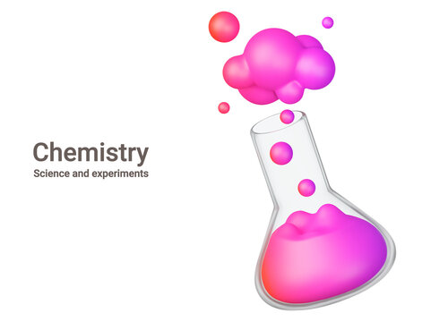 Flask of chemistry. Multicolored chemical is boiling and smoking. Isolated 3d object on a transparent background