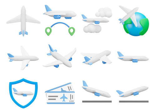 Planes icon set. Air travel, flying on a passenger plane. Isolated 3d icons, objects on a transparent background