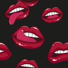 Comic female lips pattern in pop art retro style. Mouth with kiss, smile, tongue, teeth. Vector illustration