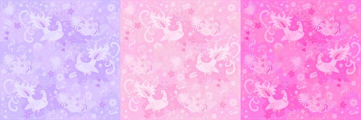 Obraz premium Collection of beautiful matching fabrics, wallpaper with natural patterns in vector. Seamless prints in purple, pink, crimson colors with fabulous peacocks, palm leaves and flowers. Vintage motifs.