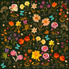 Beautiful seamless floral ornament with garden flowers, roots, leaves, large blue butterflies on a dark green background in vector. Fashion print for fabric. Textile for jackets.