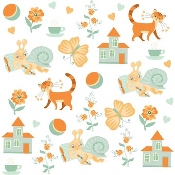 Funny seamless pattern with cats, snails, butterflies, houses, balls, flowers in orange and light green colors isolated on white background in vector. Print for fabric, wallpapers for baby.