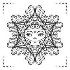 Black and white ornamental sun coloring page.