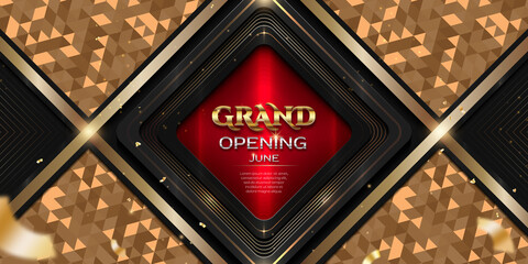 Grand Opening ceremony Banner with golden triangular pattern and shiny lines