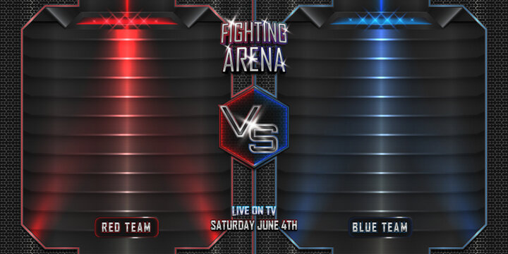 Fighting arena versus horizontal background with editable realistic 3d text effect. MMA concept - Fight night, MMA, boxing, wrestling, Thai boxing.
