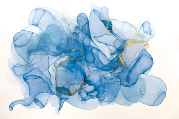 Fototapeta premium Alcohol ink blue and gold abstract background. High resolution watercolor ink texture, background. Blank space for text, design. High resolution watercolor ink texture, background.