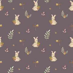 Seamless watercolor pattern on the theme of autumn and cute animals with little bunnies, twigs with leaves, forest berries, twigs and decor for your design in high quality