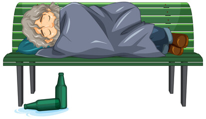 Homeless old man sleeping on bench