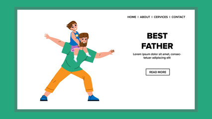 Best Father Man Playing With Son In Park Vector. Best Father With Boy Child On Shoulders Resting Outdoor, Funny Recreation Time. Characters Family Fun Activity Web Flat Cartoon Illustration