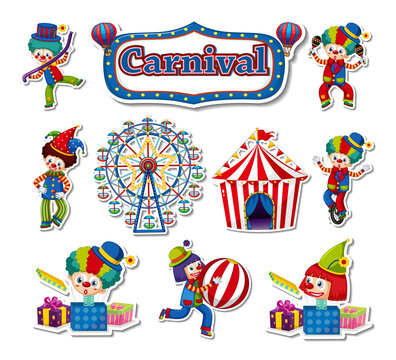 Sticker set of amusement park objects and cartoon characters
