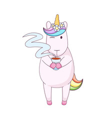 Cute cartoon unicorn with coffee cup