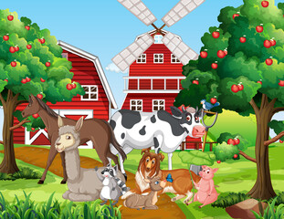 Farm scene with many animals