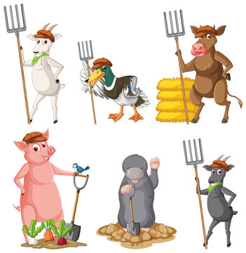 Farm animals holding fork and shovel