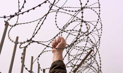 Against the background of barbed wire, a hand clenched into a fist. The concept is a protest to the...