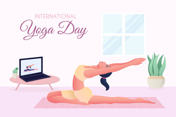 International Yoga Day, Online Yoga Classes girl doing Yoga with laptop