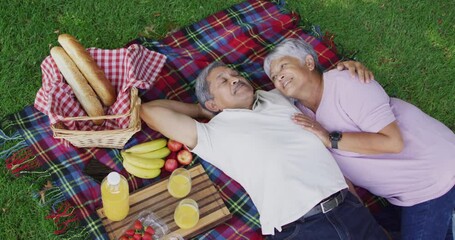 Video of happy biracial senior couple having picnic in garden