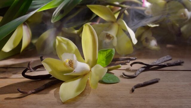 Vanilla orchid flower with vanilla sticks on a vintage wooden table with green leaves in the background. Vanilla gives off a "scent" in the form of small smoke clouds. Slow panoramic camera movement.