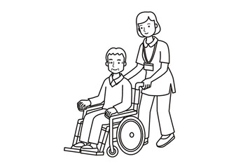 車椅子で移動する老人白黒線画