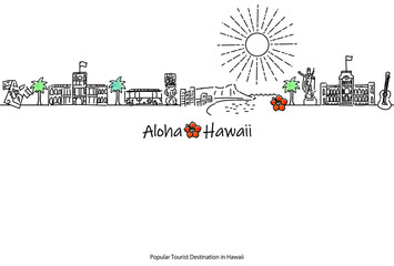 ハワイ（オアフ島）の観光地の街並シンプル手描き線画