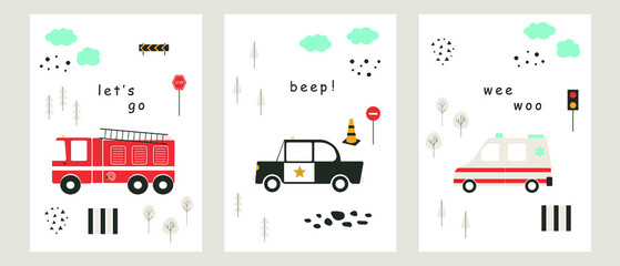 Hand drawn baby city cars. Funny fire truck, ambulance and police car. Vector set cute transport for textiles, wallpapers, postcards. Wall art nursery. Cartoon poster collection. Baby print vehicles.