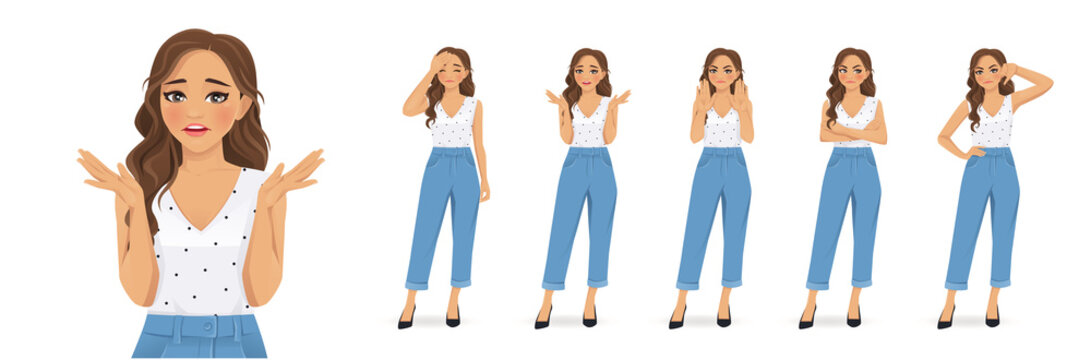 Young woman with curly hairstyle showing negative emotions with different gestures set. Thumb down, sad, angry, upset, refused isolated vector ilustration.