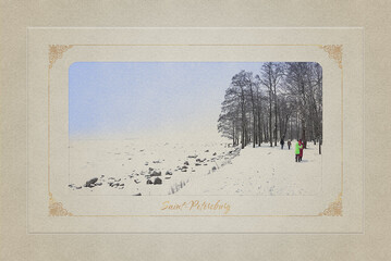 Old postcard, winter landscape of Northern Europe