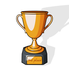 Bronze trophy cup or champions cup with 3rd place text on bronze plate. Vector illustration in comic cartoon style on a white background