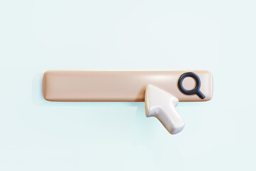 Search bar template for a web browser, website, or search engine with a search field, magnifying glass icon and 3D cursor arrow. Realistic 3D vector illustration on light blue-green background