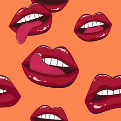 Comic female lips pattern in pop art retro style. Mouth with kiss, smile, tongue, teeth. Vector illustration