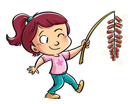 illustration of little girl with firecrackers