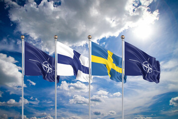 Flags of NATO - North Atlantic Treaty Organization, Finland, Sweden.  - 3D illustration.  Isolated on sky background. - obrazy, fototapety, plakaty