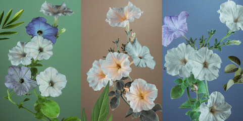 petunia flowers on three multi-colored backgrounds, three vertical images, triptych.