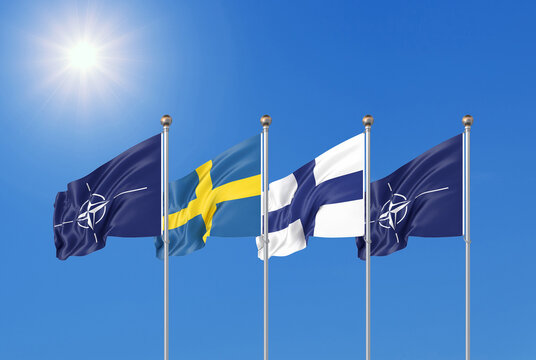 Flags of NATO - North Atlantic Treaty Organization, Finland, Sweden.  - 3D illustration.  Isolated on sky background.