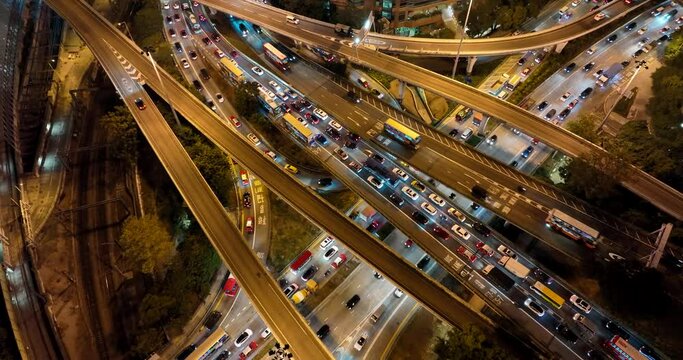 Top down view of Hong Kong city traffic at night