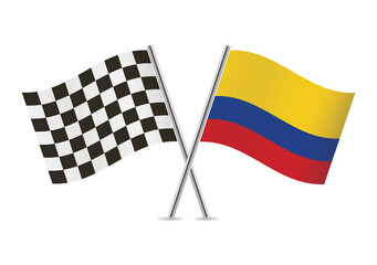 Checkered (racing) and Colombia crossed flags, isolated on white background. Vector icon set. Vector illustration.