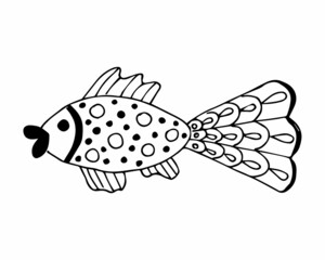 Hand drawn fish in doodle or sketch style, single element in black and white color