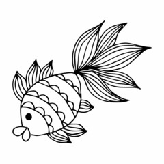 Hand drawn fish in doodle or sketch style, single element in black and white color