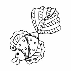 Hand drawn fish in doodle or sketch style, single element in black and white color