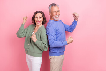 Portrait of two excited crazy partners raise fists triumph delighted isolated on pink color background
