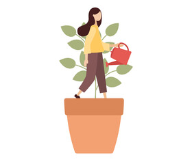 Personal growth icon. Woman in flowerpot watering herself. Self-improvement and self development. Metaphor growth personality as plant. Vector flat illustration 