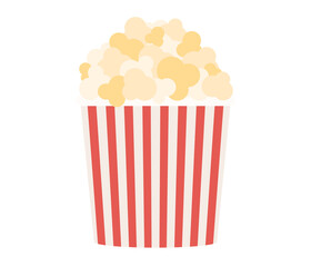 Popcorn icon. Snack food. Big red white strip box. Cinema concept. Vector flat illustration