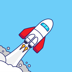 Spaceship with rocket taking off icon cartoon on blue background