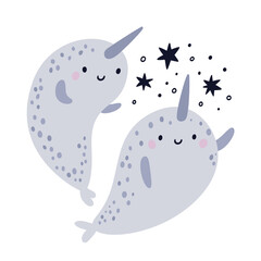 Cute narwhal vector illustration. Baby animals in cartoon style. Funny ocean animal character. Underwater whale © happydesign