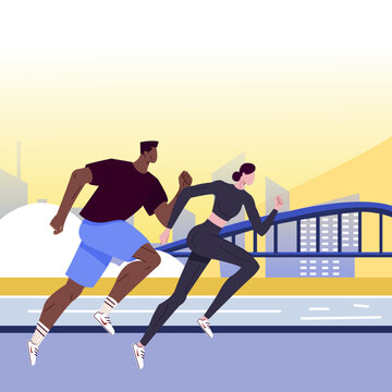 running jogging girl and man sport healthy lifestyle in city town isolated vector 