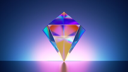 3d render, abstract background, iridescent diamond crystal, faceted gem - obrazy, fototapety, plakaty