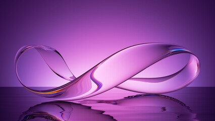 3d rendering, transparent infinity design element, abstract purple background with curvy glass ribbon and reflection on the water surface. Simple modern minimalist wallpaper